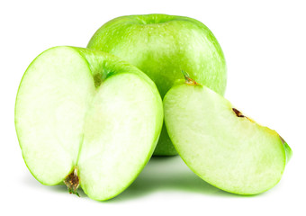 Green apple fruits and slices of apple isolated on white background