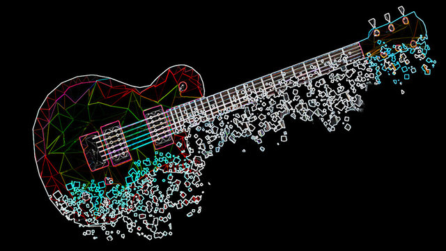 Guitarra geométrica colorida formada por triángulos con un efecto de neón se va desvaneciendo en pixeles