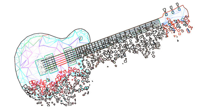 Guitarra geom&eacute;trica blanca formada por tri&aacute;ngulos con un efecto de ne&oacute;n se va desvaneciendo en pixeles