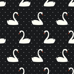 White swan seamless pattern on polka dots black background. Cute birds vector illustration. Trendy fashion design for textile, fabric, decor. - 191687266