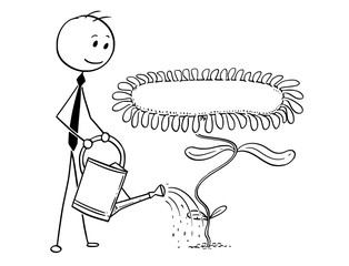 Cartoon stick man drawing conceptual illustration of businessman gardener in garden watering blooming plant with can. Large flower can be used as empty or blank sign. Business concept of success