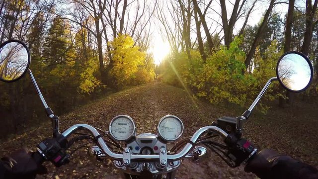 4K Compilation Video. Amazing motorcycle ride towards golden sunset on the fantastic forest road, wide point of view of rider. Classic cruiser/chopper forever! 