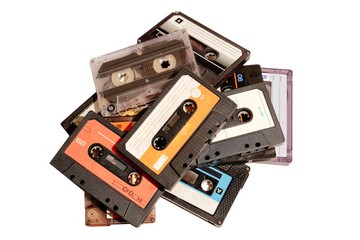View of old audio tape cassettes isolated on white background with clipping path