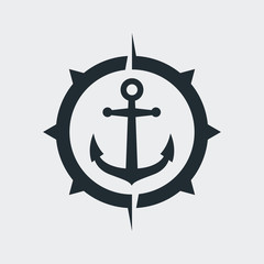 Icono plano abstracto ancla en brújula en fondo gris