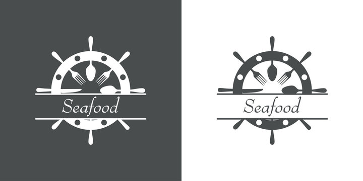 Icono plano con texto Seafood en tim&oacute;n con cubiertos en gris y blanco