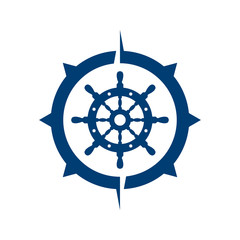 Icono plano timon en brujula azul en fondo blanco © teracreonte