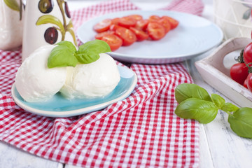 Italian salad with caprese. Salad of fresh vegetables and cheese. Ceramic tableware. Free space for text. Towel in a red cage.