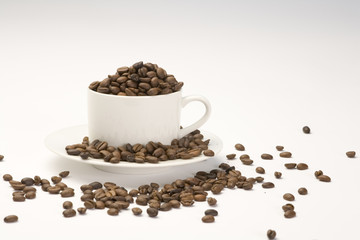 Coffee beans in a white cup and saucer on a plain background