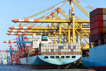 Containerterminal mit Containerschiffen bei der Verladung in Bremerhaven, Norddeutschland