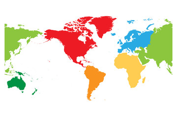 Fototapeta na wymiar World map divided into six continents. Americas centered. Each continent in different color. Simple flat vector illustration.