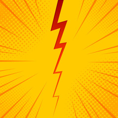 Pop art comic background lightning blast halftone dots. Cartoon Vector Illustration on yellow
