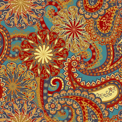 Abstract vintage pattern with decorative flowers, leaves and Paisley pattern in Oriental style. - 191696005