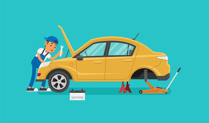 Car Mechanic Working In Auto Repair Service. Vector illustration