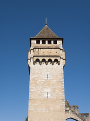 Fototapeta na wymiar Europe, France, Midi Pyrenees, Lot, detail of a tower on historic Pont Valentre fortified bridge over the Lot River at Cahors