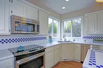 Fototapeta na wymiar Open white kitchen interior with kitchen island.