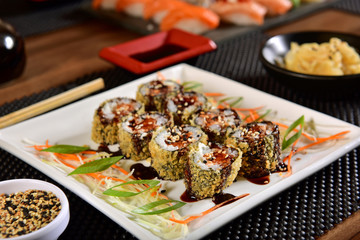 Fried sushi with sweet sauce