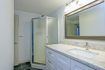 Lovely bathroom with soft blue walls paint color