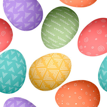 Happy Easter eggs seamless pattern . Set of whtie Easter eggs with different simple textures on white background