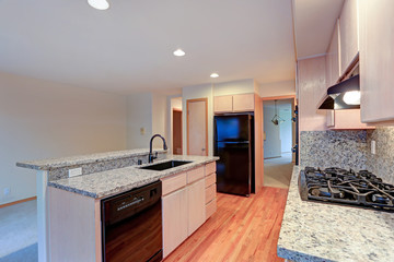 Large open kitchen with granite counter tops.
