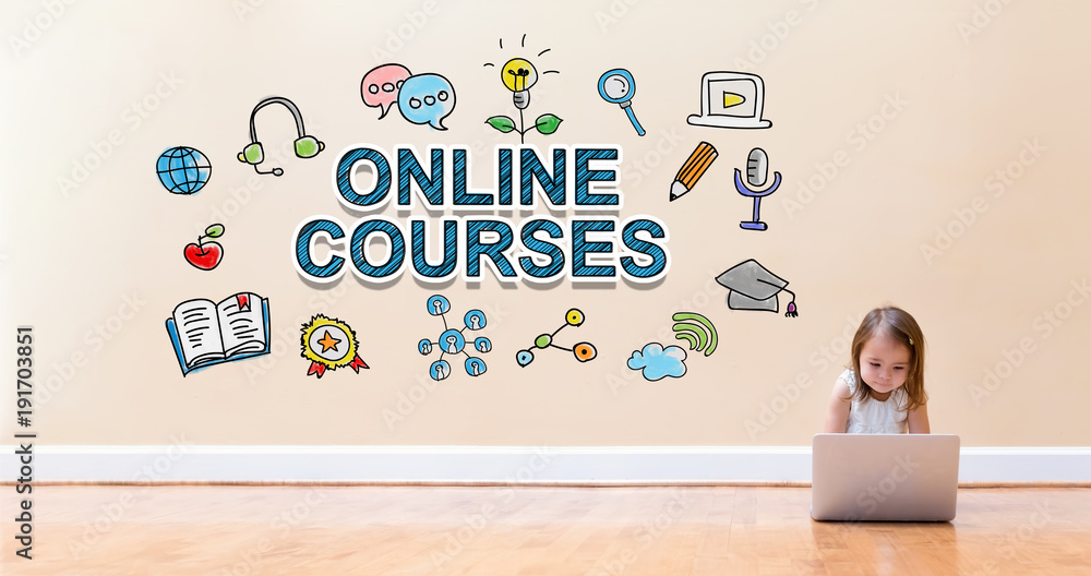 Wall mural Online Courses text with little girl using a laptop computer on floor