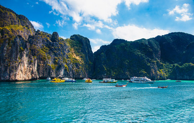 Maya Bay surrounded by limestone cliffs on Phi Phi Island, Thailand.