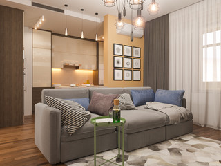 3d illustration living room interior design. Modern studio apartment in the Scandinavian minimalist style. Hygge interior render