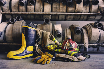 Firefighter boot helmet gear and hoses