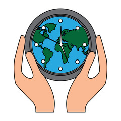hands holding clock with earth map inside environment safety vector illustration