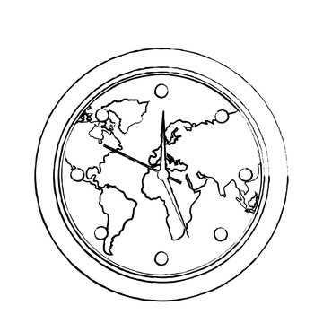 round clock on world map ecology concept vector illustration sketch image