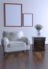 white sofa,flower,cabinet and empty picture frame