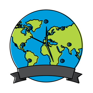 clock with earth planet globe with banner vector illustration