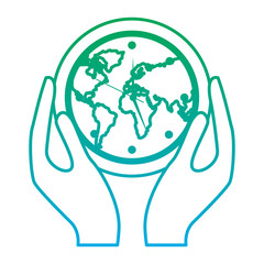 hands holding clock with earth map inside environment safety vector illustration blue and green line degrade color