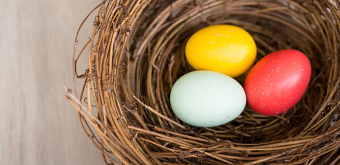 Close up, Colorful Easter eggs in nest on wood background. Flat Lay, copy space