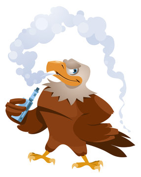 Eagle vaper. Funny American eagle smoking electronic cigarette. Cartoon styled vector illustration. Elements is grouped. On white background. No transparent objects.