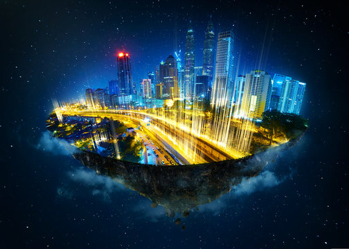Fantasy island floating in the air with modern city skyline and network light came out from the ground ,modern city with wireless network connection concept  . Night scene .