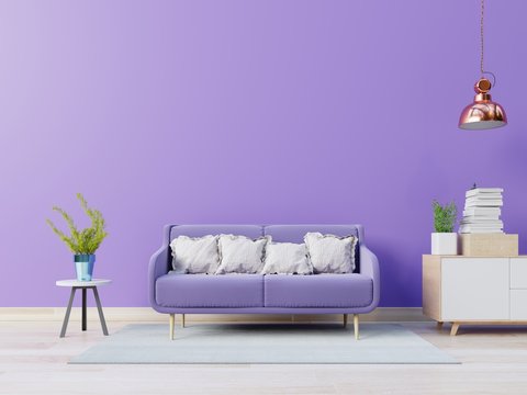 Modern room have purple sofa in open space with lamp and cabinet have wall ultra violet color of the year 2018 ,3D rendering