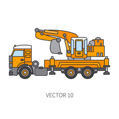 Color flat vector icon construction machinery truck excavator. Industrial style. Corporate cargo delivery. Commercial transportation. Building. Business. Engineering. Diesel. Illustration for design.