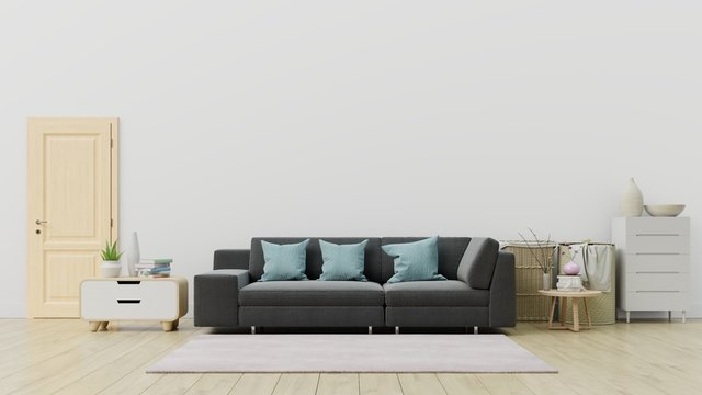 Living room with black sofa and Decoration have back white wall ,3D rendering