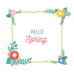 Hello Spring Text with Frame of Bouquet Flower Arrangement and Leaf Ornament. Greeting Card, Background, Poster, Banner Template.