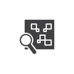QR code with magnifying glass icon vector, filled flat sign, solid pictogram isolated on white. Search by qr code symbol, logo illustration.