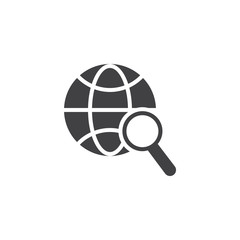Search worldwide icon vector, filled flat sign, solid pictogram isolated on white. Globe and magnifier glass symbol, logo illustration.