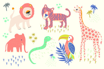 Hand drawn of kid illustration features tiger,lion,hornbills bird,giraffe,elephant,snake,tropical palms isolated on white background.