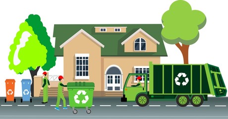 Garbage cleaning service workers take off caradge from the cans, garadge truck on the city street, flat vector illustration