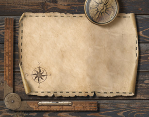 Old blank map background with compass. Adventure and travel concept. 3d illustration.