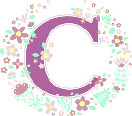 initial letter c with decorative flowers and design elements isolated on white background. can be used for baby name, nursery decoration, spring themes or wedding invitation.