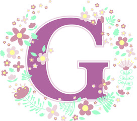 initial letter g with decorative flowers and design elements isolated on white background. can be used for baby name, nursery decoration, spring themes or wedding invitation.