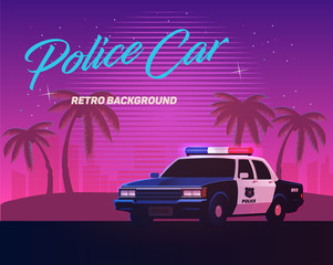 80s retro neon gradient background. Vintage police car. Palms and city. Tv glitch effect. Sci-fi beach. © DiBronzino
