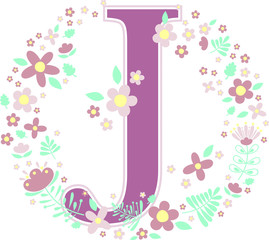initial letter j with decorative flowers and design elements isolated on white background. can be used for baby name, nursery decoration, spring themes or wedding invitation.
