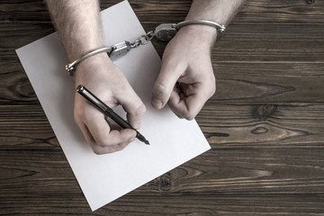 Hands in handcuffs write a turnout on the background of a wooden table. arrest. detention