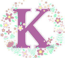 Fototapeta na wymiar initial letter k with decorative flowers and design elements isolated on white background. can be used for baby name, nursery decoration, spring themes or wedding invitation.